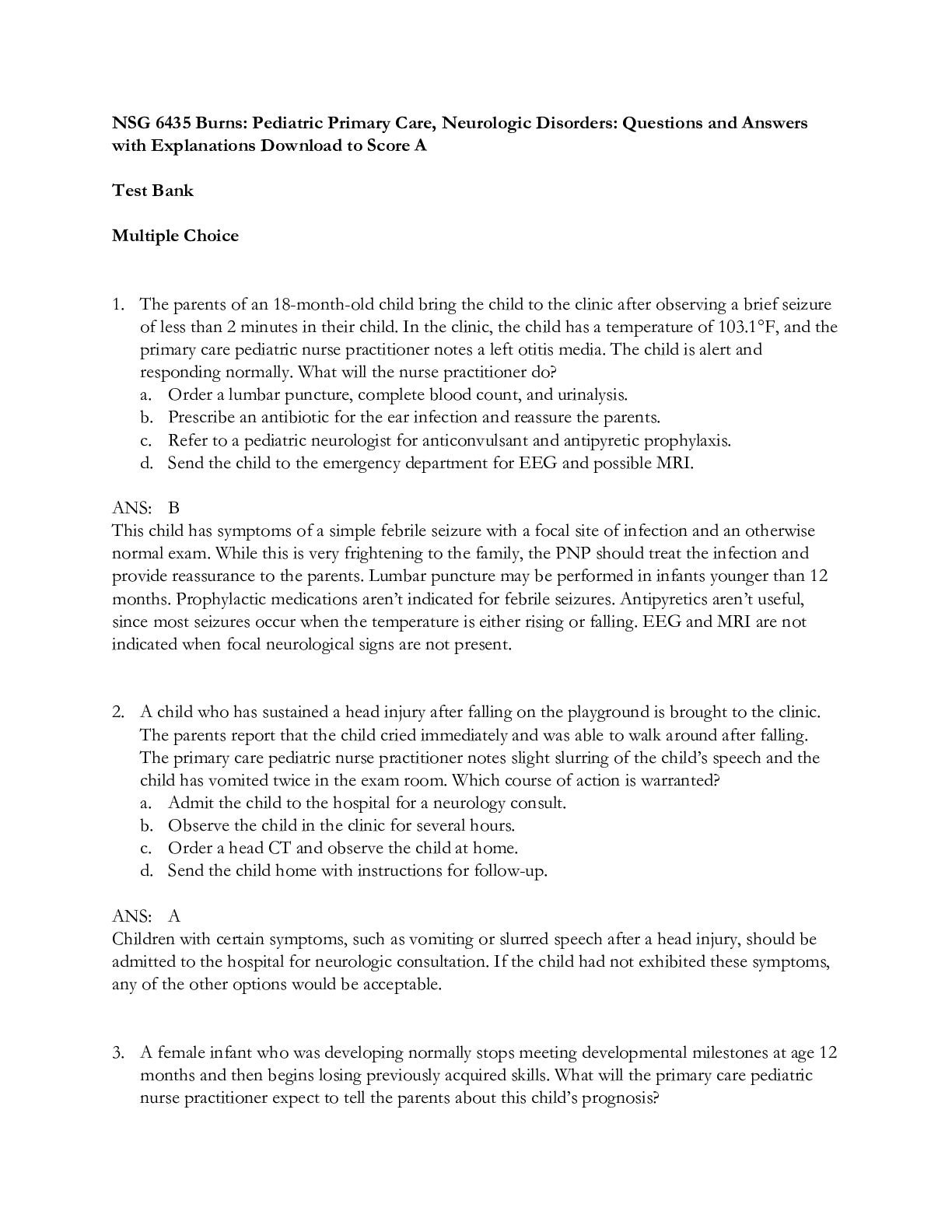 Preview image for NSG 6435 Burns Pediatric Primary Care, Neurologic Disorders Questions and Answers with Explanations Download to Score A